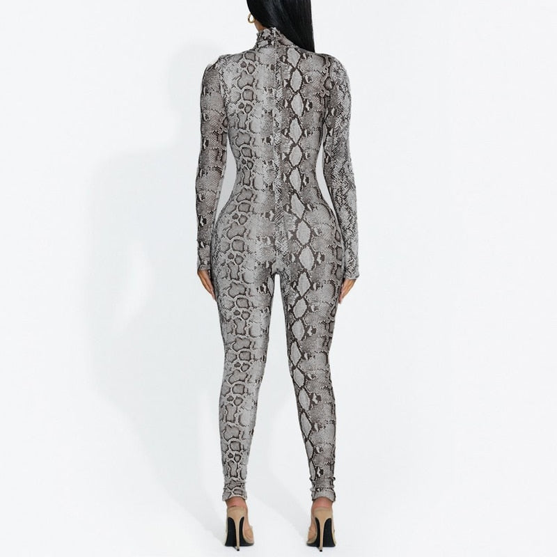 Snake Print Turtleneck Long Sleeve Zip Up Sexy Bodycon Jumpsuit Streetwear