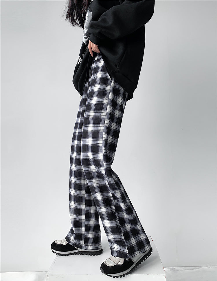 Plaid Pants Women High Waist Drawstring Loose Straight Baggy Pants 2022 Spring and Summer