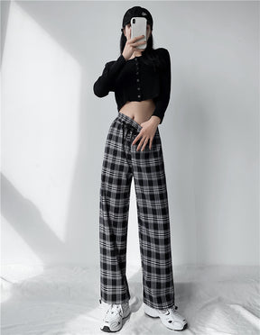 Plaid Pants Women High Waist Drawstring Loose Straight Baggy Pants 2022 Spring and Summer