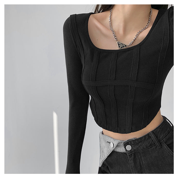 Fishbone Pattern Women's Long Sleeve T-shirt High Waist Slim Square Collar Tops Woman