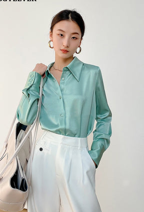 Turn-down Collar Solid Blouses Women Full Sleeve Loose Single-breasted Satin Shirts