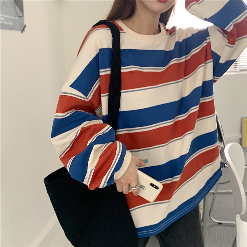 Striped POLO Shirt Men Women Casual Loose Couple BF Lapel Sweatshirts