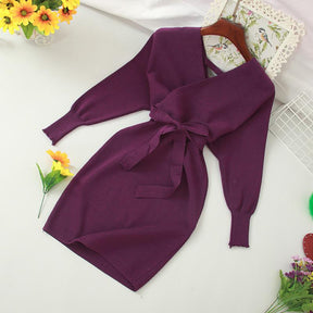 Autumn Women Sexy Elegant Knitted Dress Backless V Neck Sash Tie Up High Waist Dresses