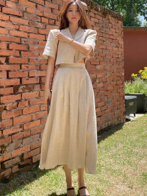 Cotton Linen Skirt 2 Two Piece Sets Outfits Female Short Sleeve Blazer Suits with High Waist