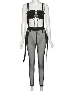 See Through Mesh Crop Top and Trousers Two Piece Set Casual Streetwear 2022