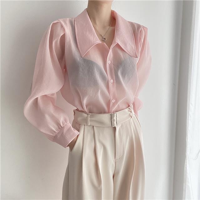 See Through Button Down Shirts Women New Loose Long Sleeve Blouse Female 2022 Summer Suncreen Tops