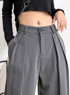 Long Suit Pants High Waist Button Women Wide Leg Trousers