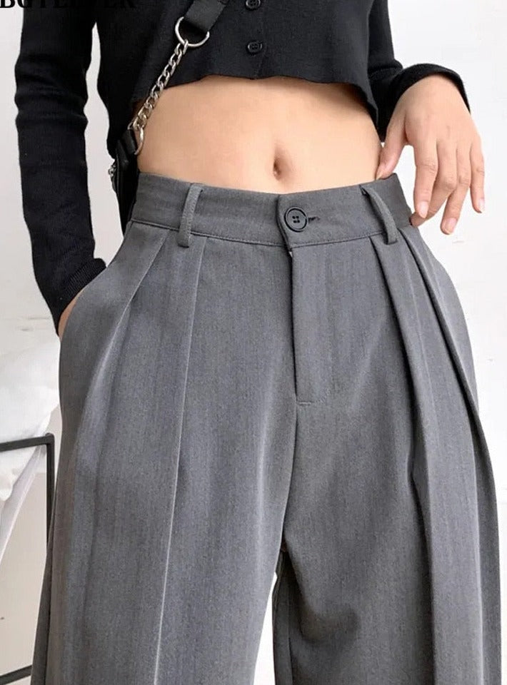 Pantaloni da abito lunghi Pantaloni a gamba larga da donna con bottoni a vita alta