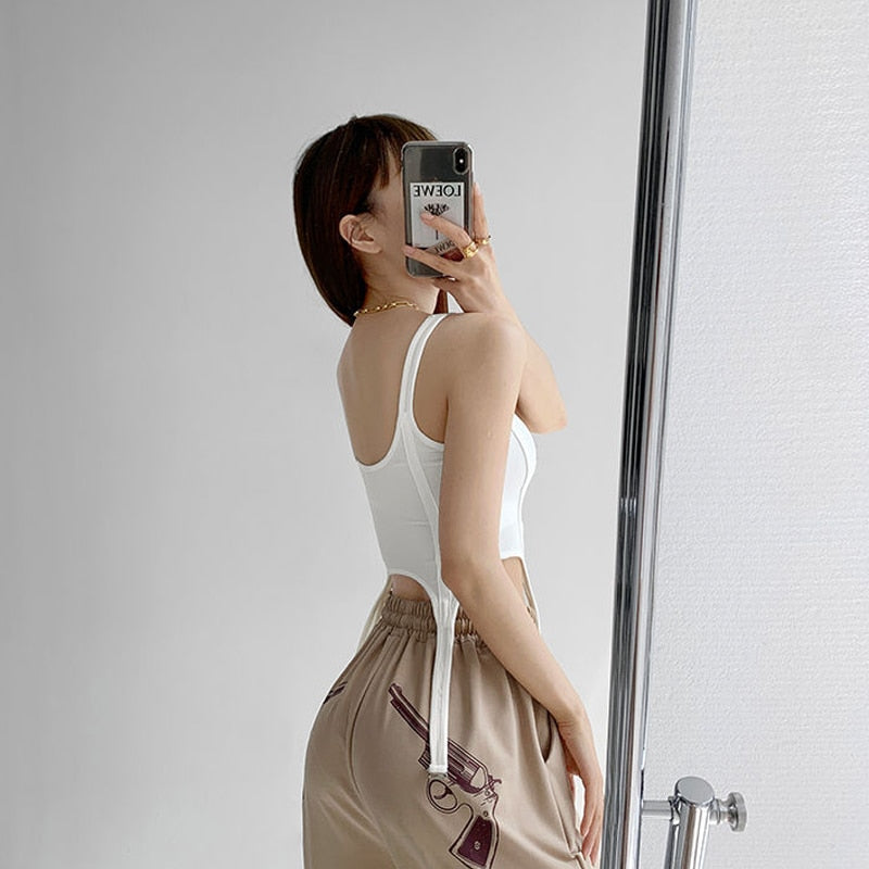 Sexy Irregular Hook White Tank Top Women Summer Square Collar Sleeveless Tops Vest Outwear