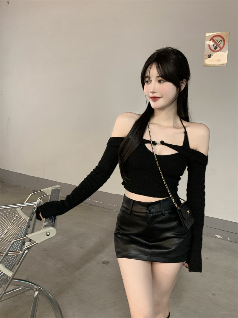 Off Shoulder Tops Women Skinny Slash Neck Halterneck Knitted Shirts y2k Summer 2022