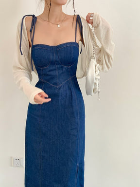 Summer Women Sexy Slip Denim Dress Strapless Lace-up High Waist Dress