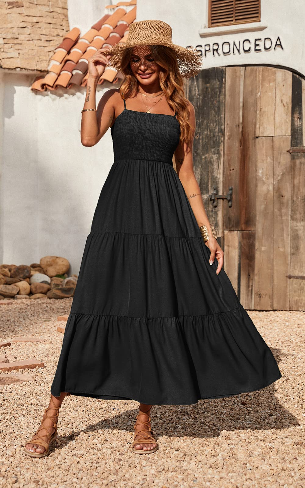 Spaghettiträger Maxikleid Damen Sommer ärmellos gesmokt Boho Long Beach Kleid Sommerkleider