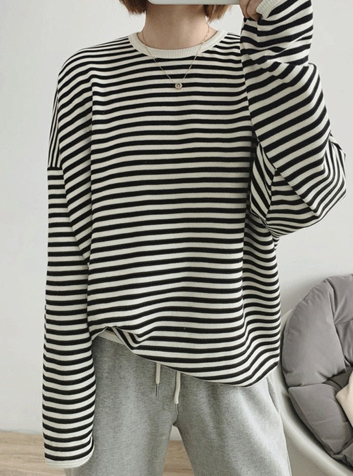 Striped Pullovers Women Knitted Cotton Sweatshirts Female Long-sleeved Loose Tops