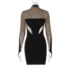 Long Sleeve Patchwork Mesh See Through Sexy Bodycon Mini Dress Evening Clothes