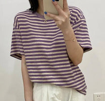 Casual O-neck Women Striped T-shirts  Spring Summer Short Sleeve Loose Female Tops