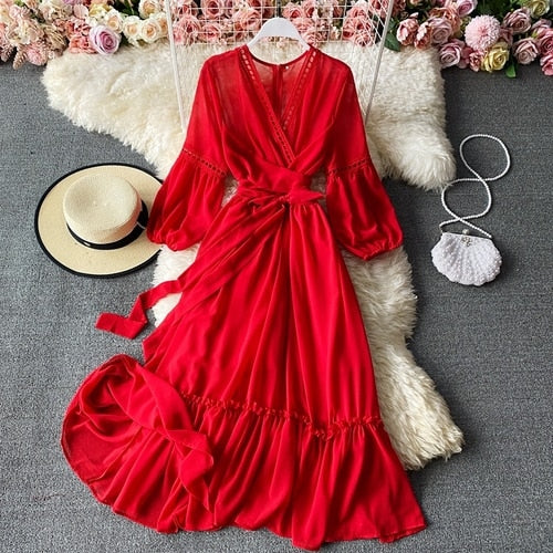 Beach Holiday Style Dress Women Elegant V-neck Lace-up High Waist Dress