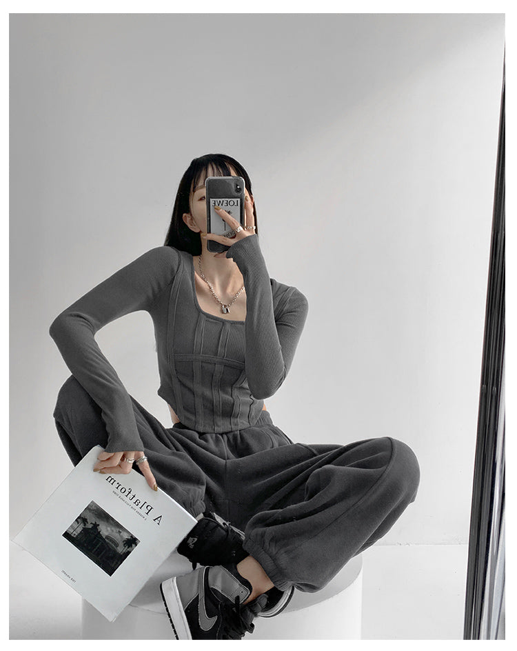 Fishbone Pattern Women's Long Sleeve T-shirt High Waist Slim Square Collar Tops Woman