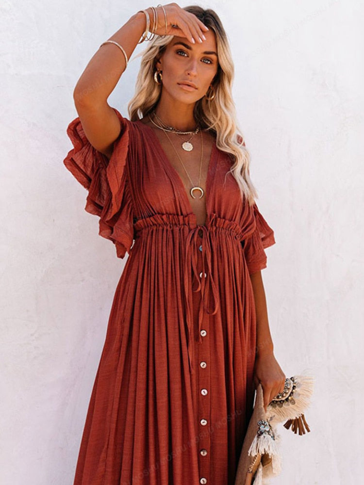 Maxi abito da spiaggia estivo da donna Boho lungo bikini copre abiti casual con scollo a V a vita alta