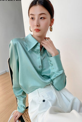 Turn-down Collar Solid Blouses Women Full Sleeve Loose Single-breasted Satin Shirts