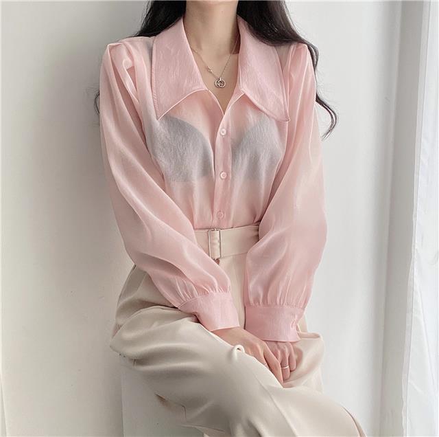 See Through Button Down Shirts Women New Loose Long Sleeve Blouse Female 2022 Summer Suncreen Tops