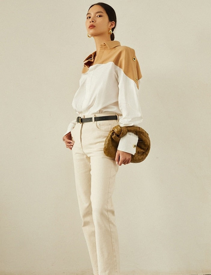 Patchwork Lapel Women Shirts Long Sleeve Single-breasted Loose Female Blouses