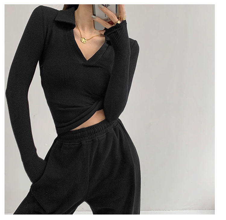 Maglietta da donna sexy con scollo a V Slim Fitness Polo a maniche lunghe da donna Top corto a vita alta