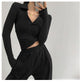 Maglietta da donna sexy con scollo a V Slim Fitness Polo a maniche lunghe da donna Top corto a vita alta