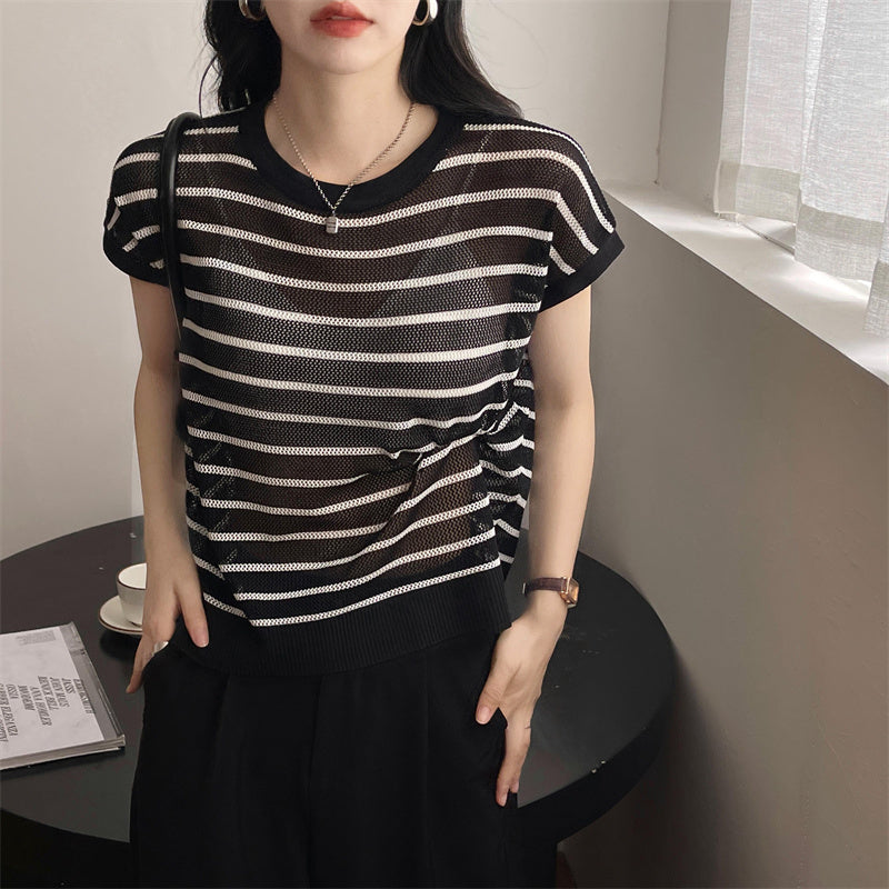 Hollow T-shirt Chain Women Summer New Solid Color Short Sleeve Knitted Tops Female 2022