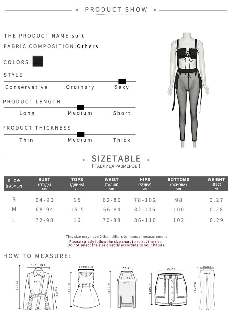 See Through Mesh Crop Top and Trousers Two Piece Set Casual Streetwear 2022