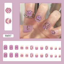 24Pcs/Box Charming Pink Flame Short Fake Nails press on Square Head Full Cover Detachable