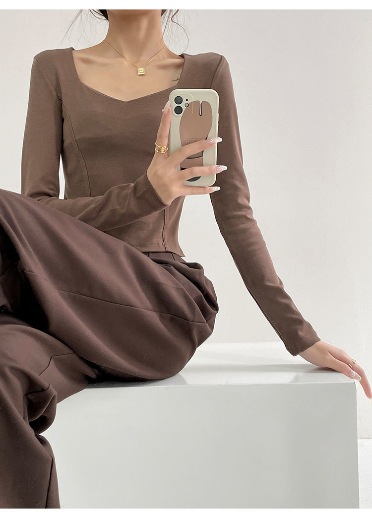 Fishbone Pattern Women's Long Sleeve T-shirt High Waist Slim Square Collar Tops Woman