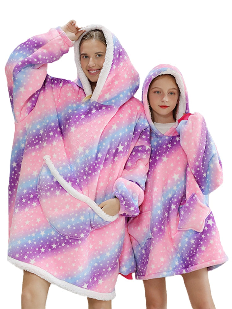 Printed Wearable Blanket Hoodie Fleece Warm Kids Sleepwear Hoody Sweatshirt