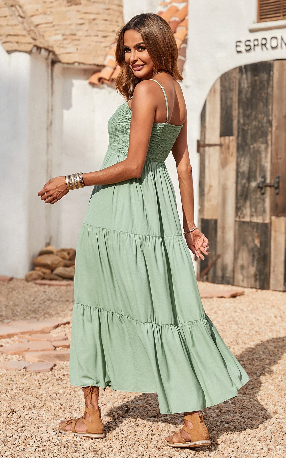 Spaghettiträger Maxikleid Damen Sommer ärmellos gesmokt Boho Long Beach Kleid Sommerkleider