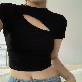 T Shirt Women Summer Hollow Crewneck Cropped Tops Irregular Tight Fitting Short Sleeve