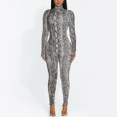 Snake Print Turtleneck Long Sleeve Zip Up Sexy Bodycon Jumpsuit Streetwear