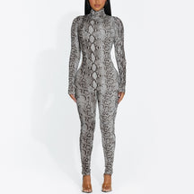 Snake Print Turtleneck Long Sleeve Zip Up Sexy Bodycon Jumpsuit Streetwear