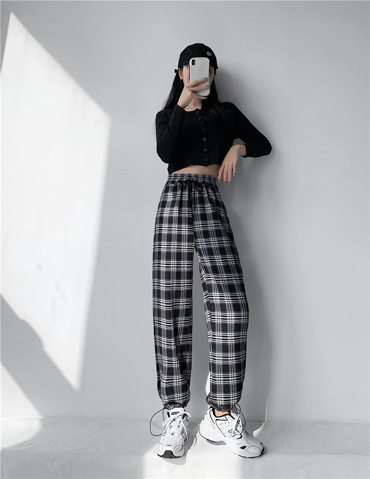 Plaid Pants Women High Waist Drawstring Loose Straight Baggy Pants 2022 Spring and Summer