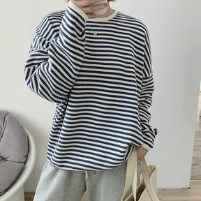 Striped Pullovers Women Knitted Cotton Sweatshirts Female Long-sleeved Loose Tops