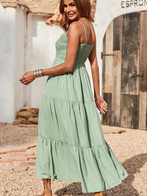 Spaghettiträger Maxikleid Damen Sommer ärmellos gesmokt Boho Long Beach Kleid Sommerkleider