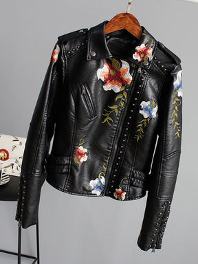 Floral Print Embroidery Faux Soft Leather Jacket Women Pu Motorcycle Coat