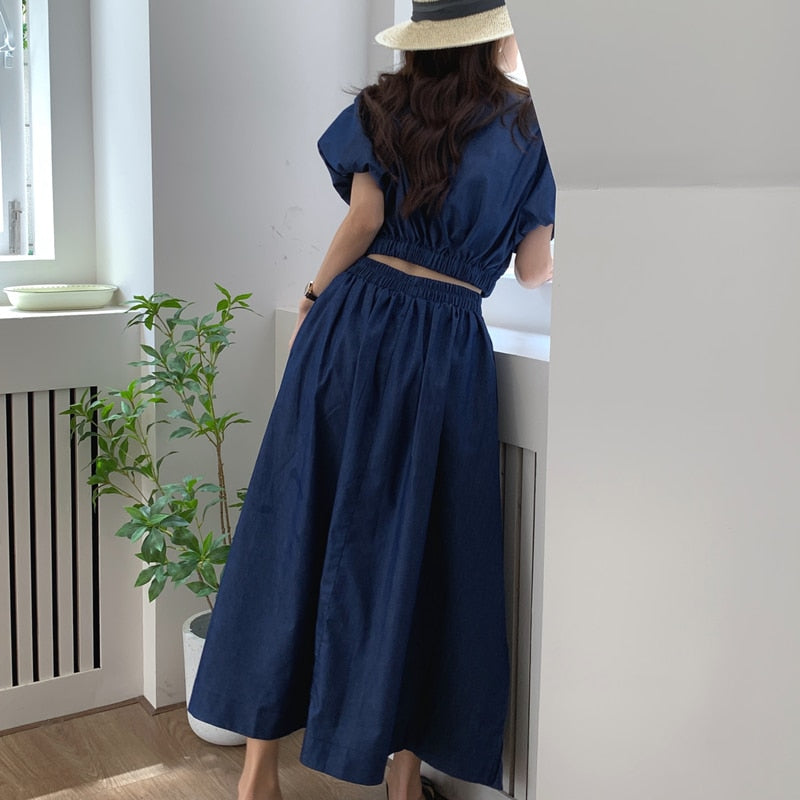 Women's Summer Cotton Denim Sets of Skirts Suit Chic Puff Sleeve Short Top with Umbrella Skirt