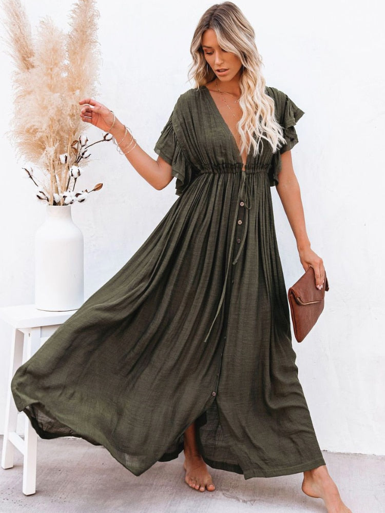 Maxi abito da spiaggia estivo da donna Boho lungo bikini copre abiti casual con scollo a V a vita alta