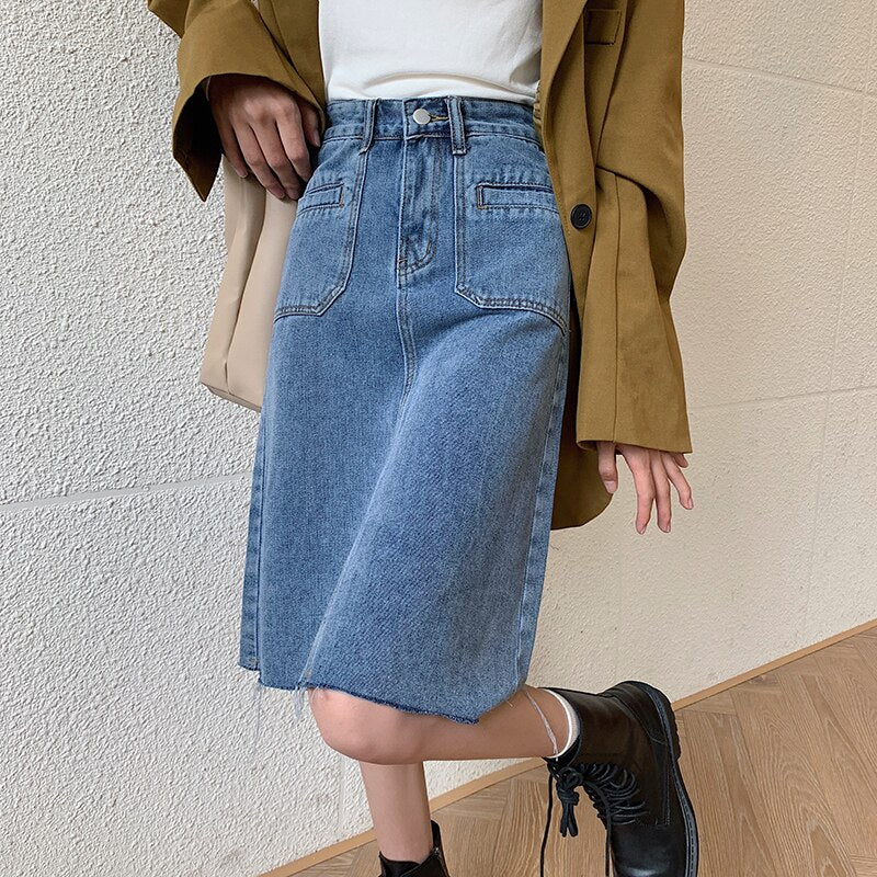 Spring Summer High Waist Denim Skirts Women Casual A-line Zipper Jeans