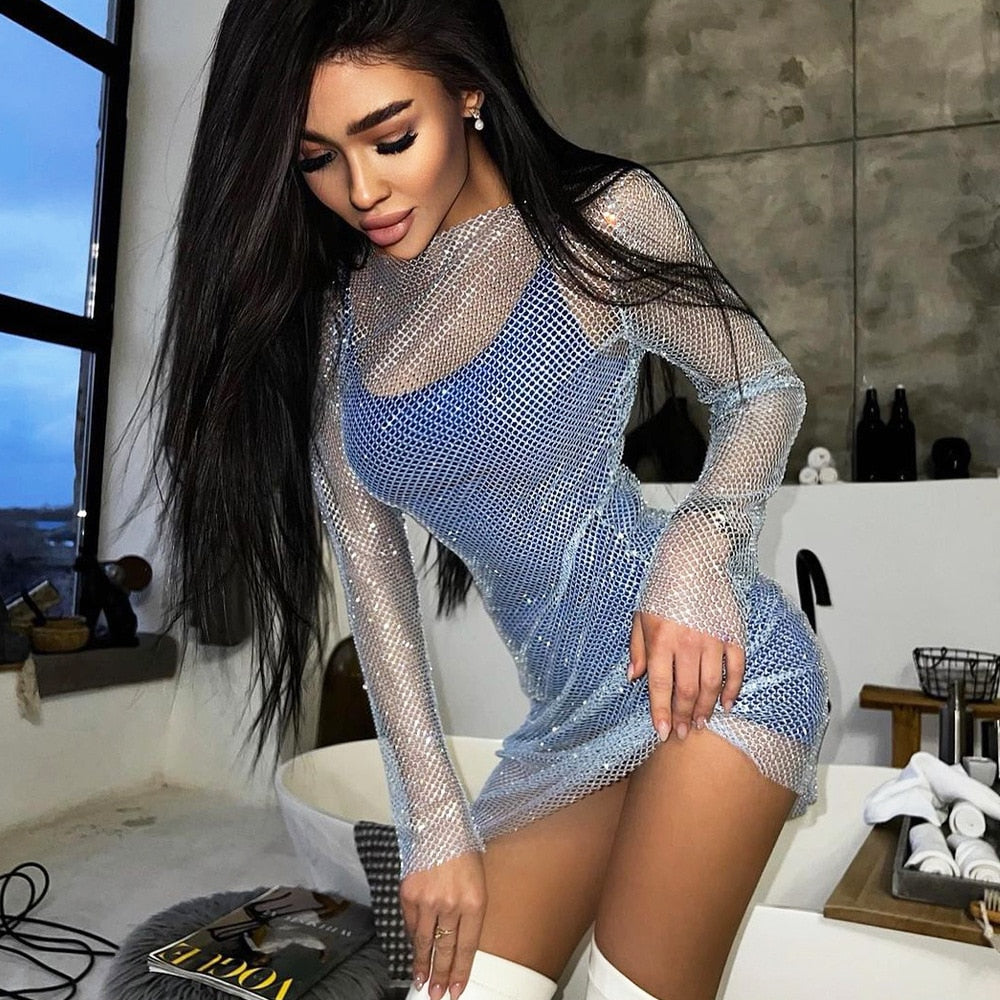 2022 Summer Sexy Girls See Through Mesh Night Club Warp Dress Long Sleeve Mini Bodycon