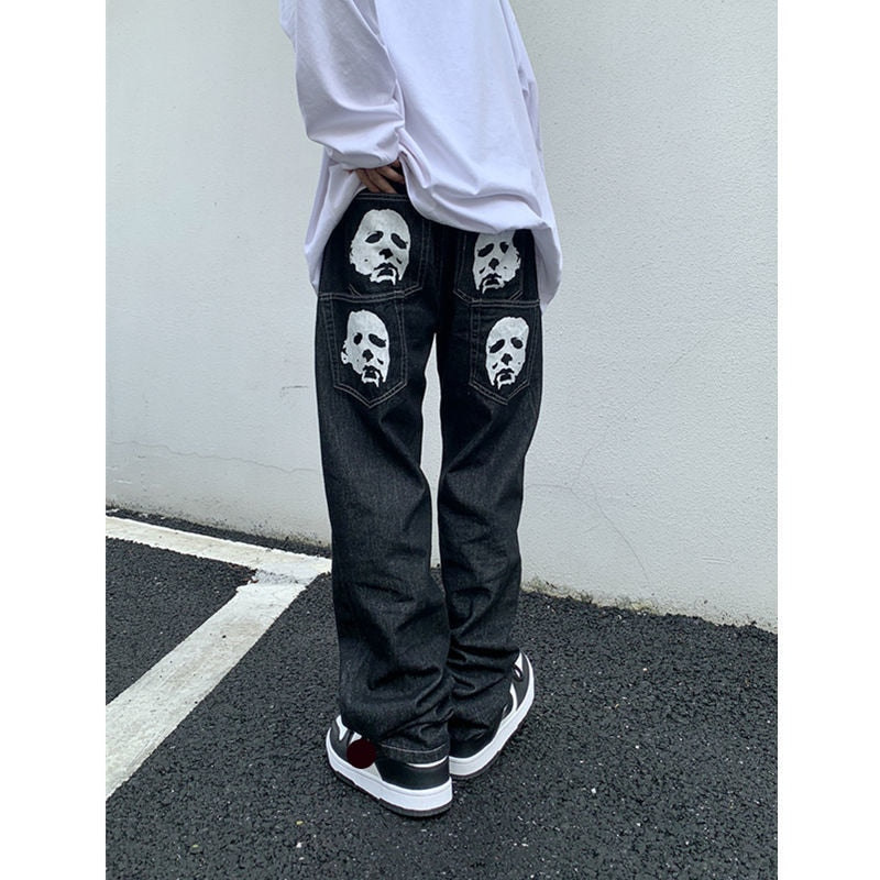 retro hip-hop letter embroidery jeans loose straight-leg pants wide-leg pants for men and women couples