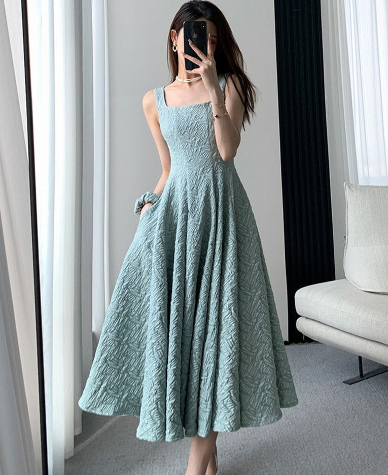 Vintage Square Collar A-line Dress Summer Sleeveless Slim Waist Female Midi Dress