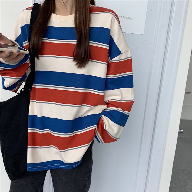 Striped POLO Shirt Men Women Casual Loose Couple BF Lapel Sweatshirts