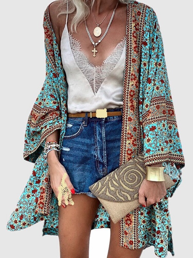 Cardigan Damen Bohemian Floral bedruckte Bluse Vorne offen Lose Strand Tops Vintage Langarm