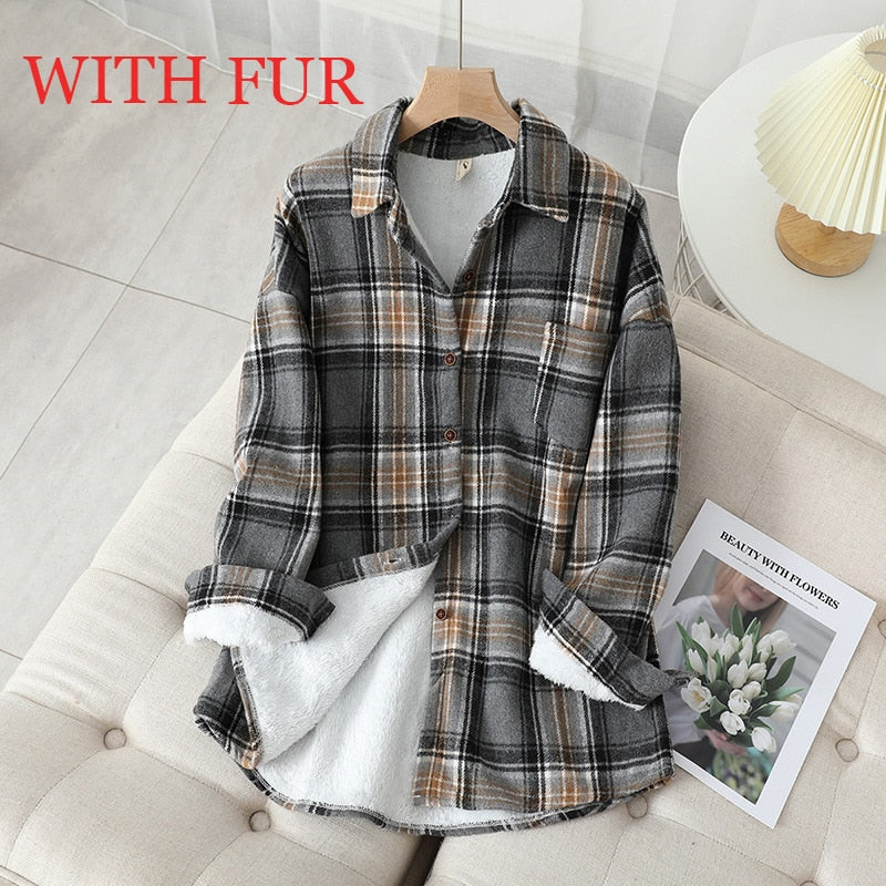 Velvet Thicken Plaid Shirts Blouses Autumn Winter Warm Shirts