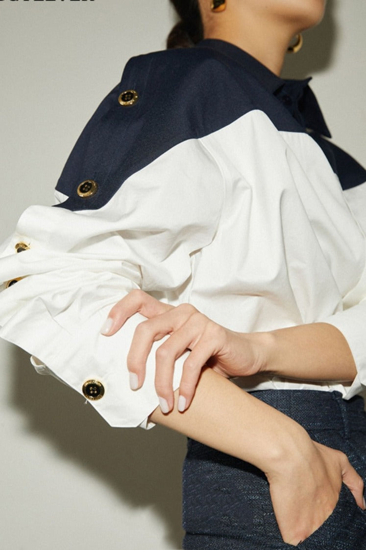 Patchwork Lapel Women Shirts Long Sleeve Single-breasted Loose Female Blouses